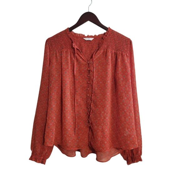 Time & Tru Orange Pleated Sheer Peasant Top Large - Picture 1 of 6